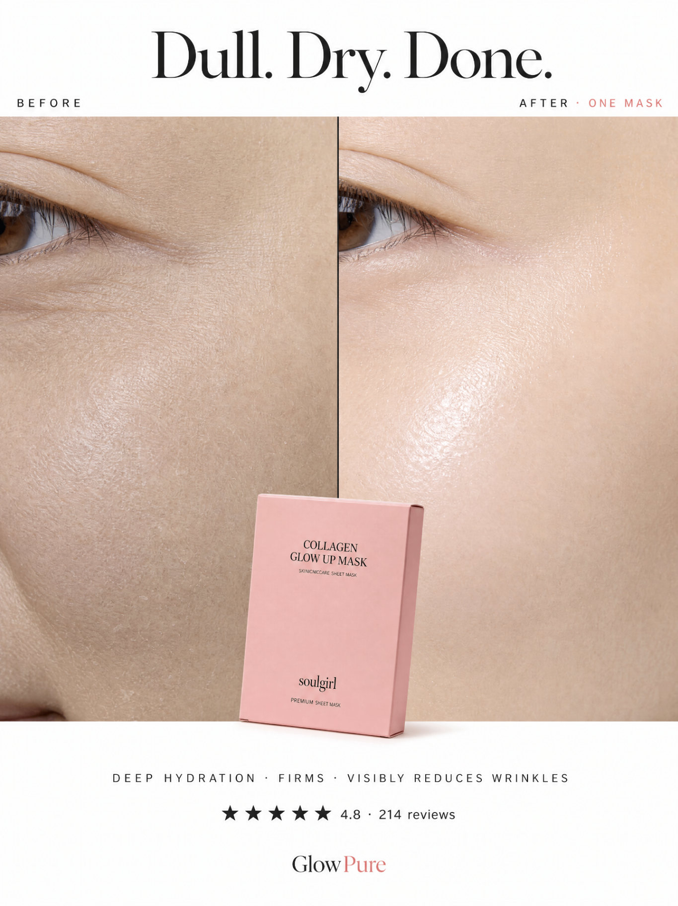 Before and after using GlowPure Collagen Glow Up Mask — visibly smoother, hydrated skin after one use.